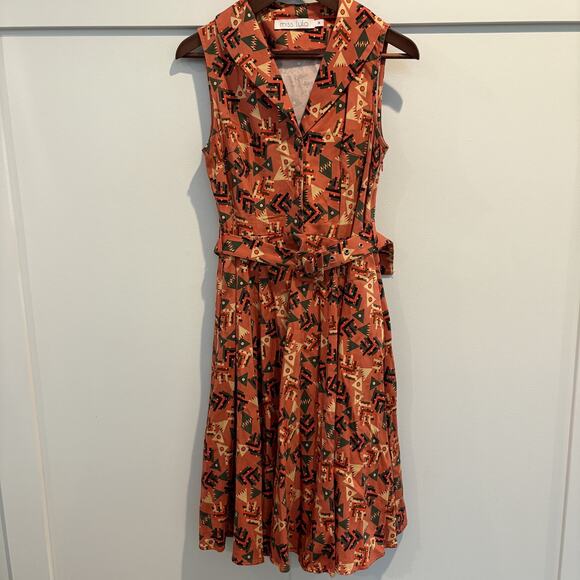 Miss Lulo Dress Medium Belted Button Front Geometric Mod Aztec Southwest Retro - Picture 1 of 15